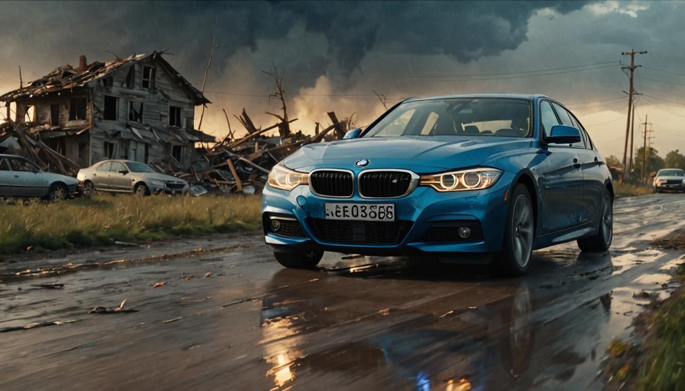 BMW in a Tornado's Wake: Digital Art in Golden Hour