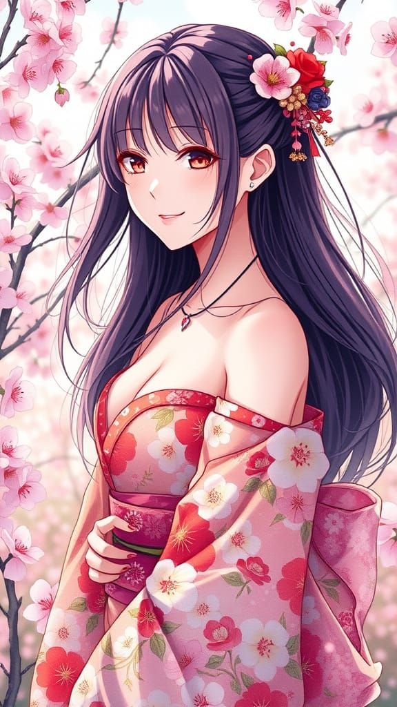 Anime Model in Floral Kimono, Gouache Watercolor Style