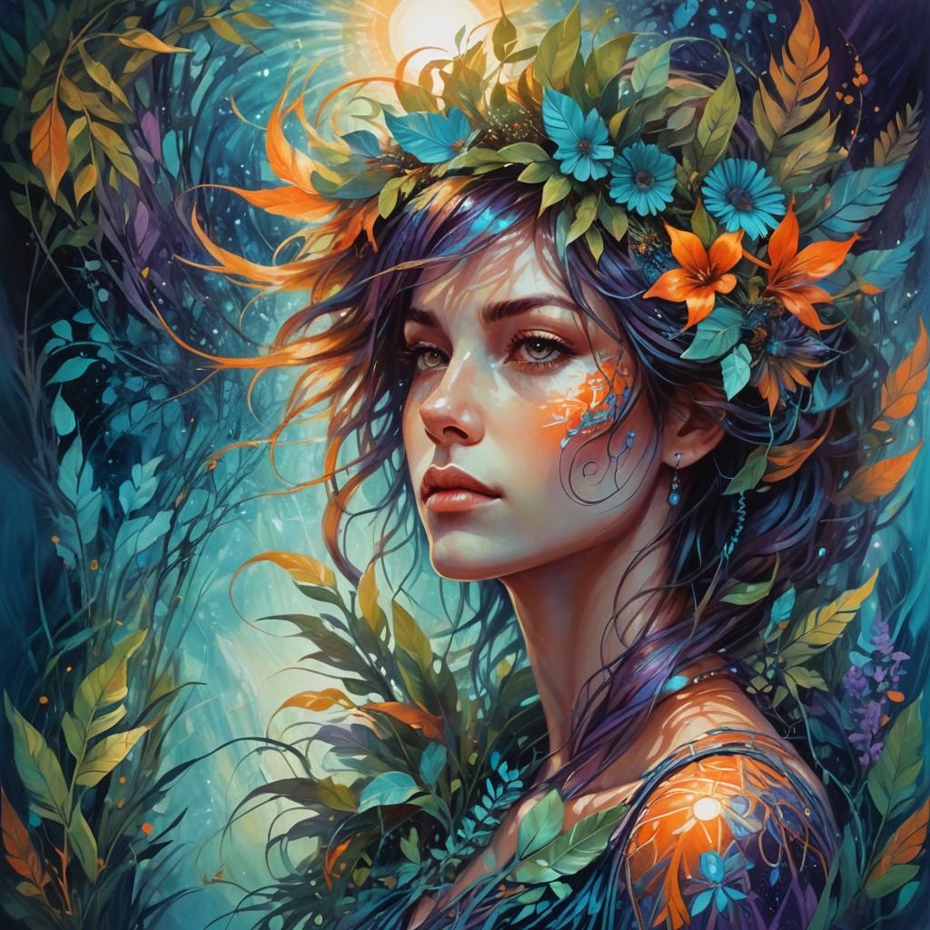 Contemplative Woman in a Lush Solarpunk Landscape