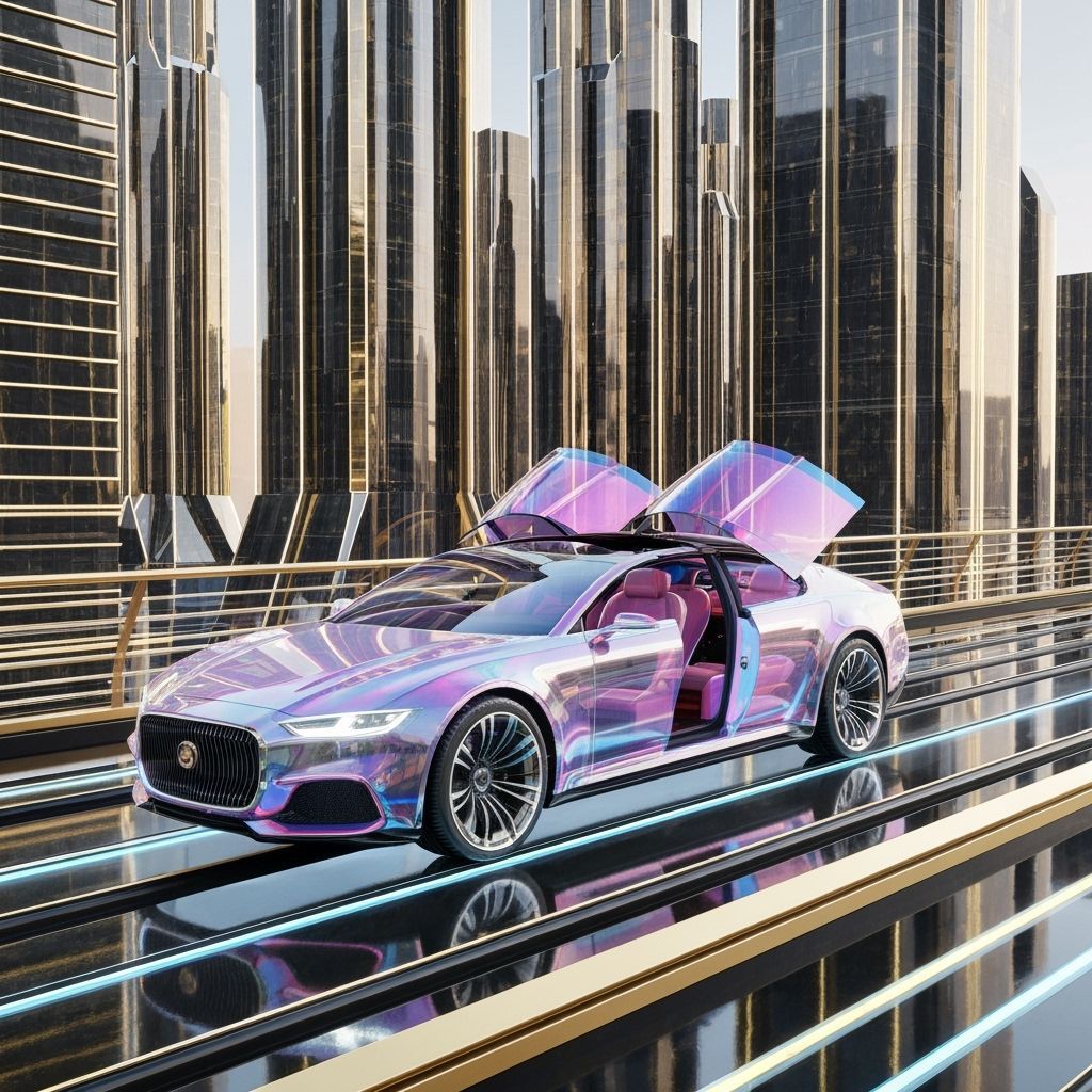 Futuristic Luxury Car on Glass Bridge in Cyberpunk City