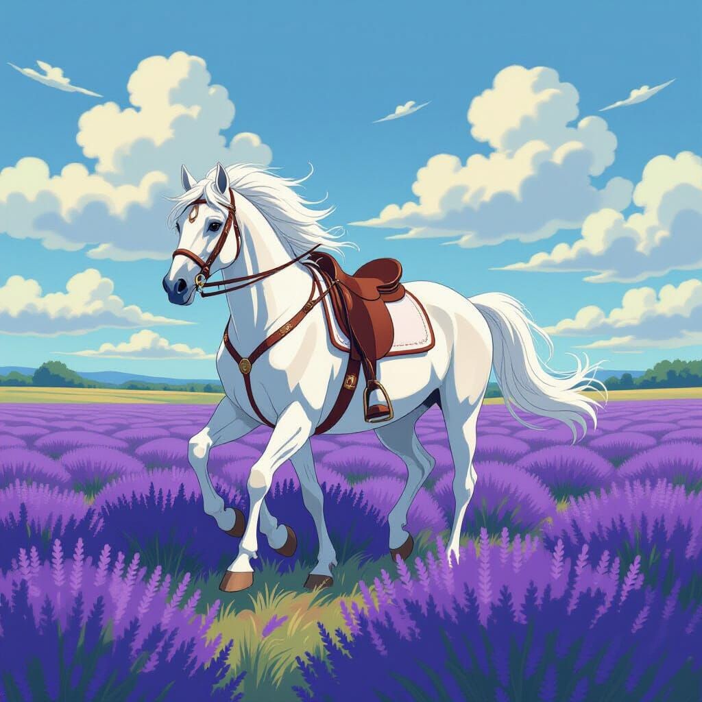 White Horse in Lavender Field, Impasto Painting