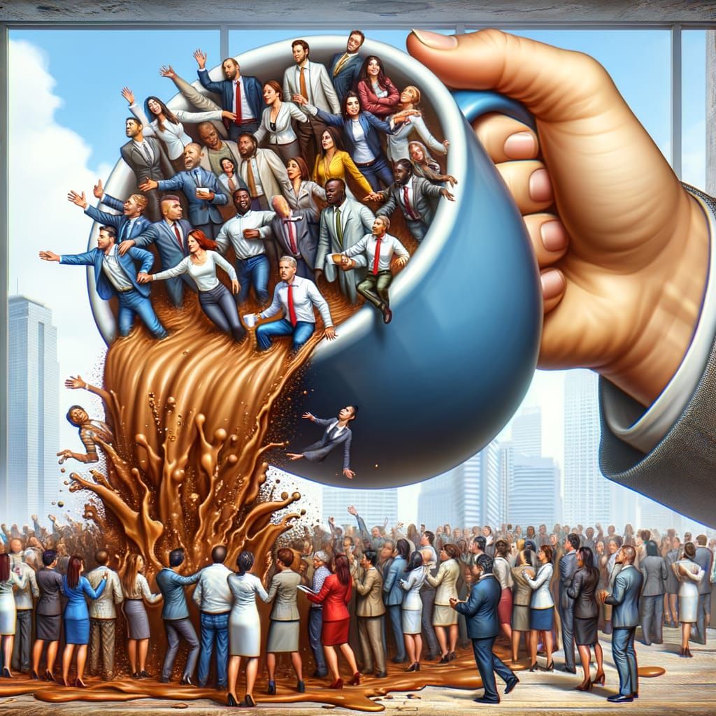 Surrealistic Scene of Giant Hand Pouring Office Workers from...