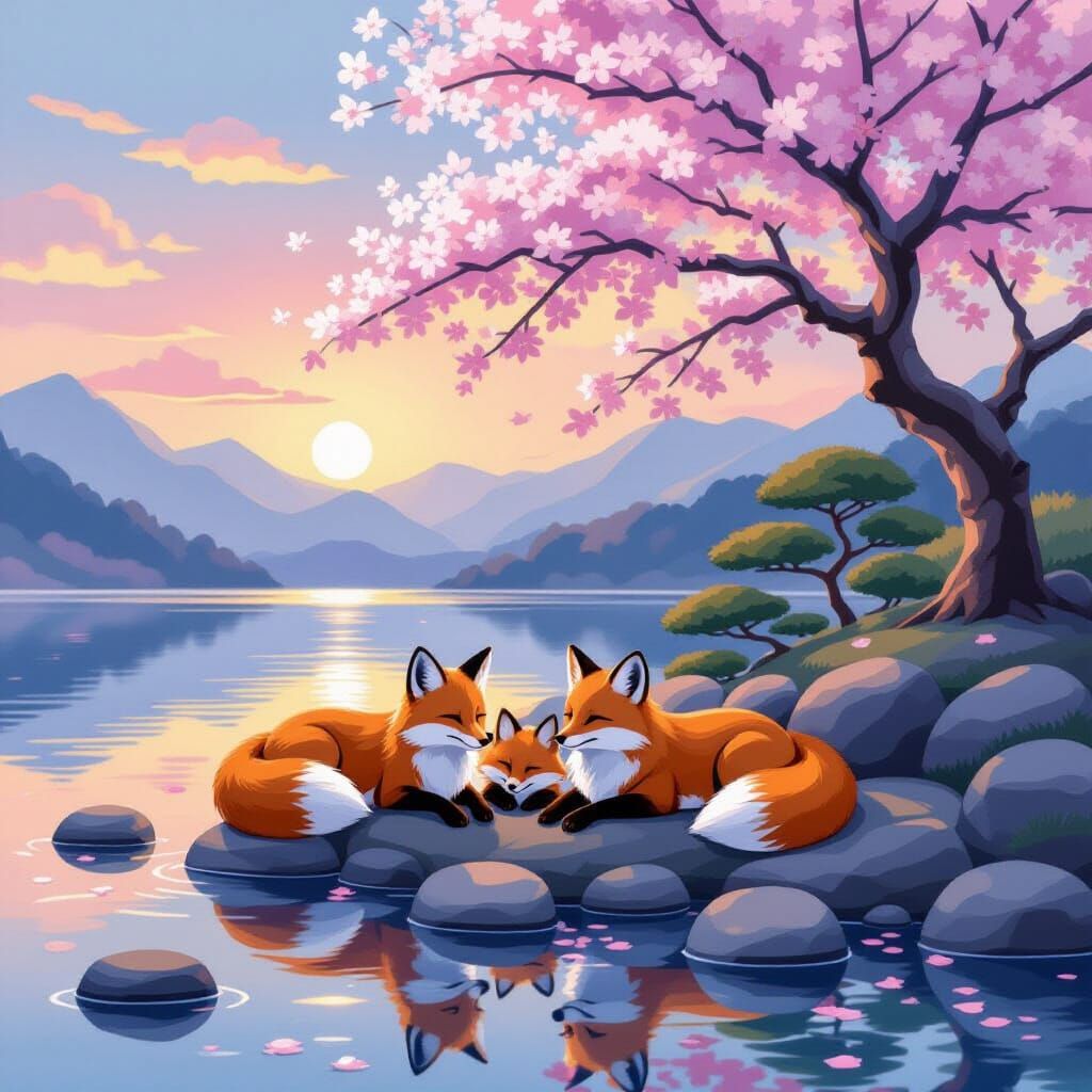 Fox Family Relaxation: Japanese Art Style