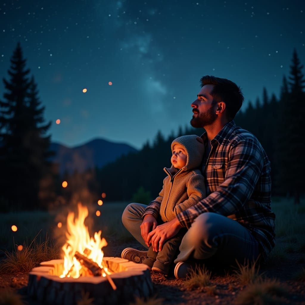 Father and Child Stargazing by Campfire