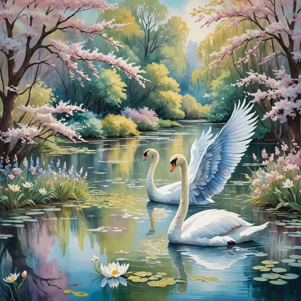 Elegant Pastel Swan in Gouache Watercolor Style