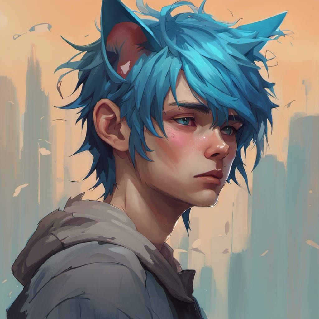 Blue-Haired Boy with Cat Ears Crying: Detailed Portrait