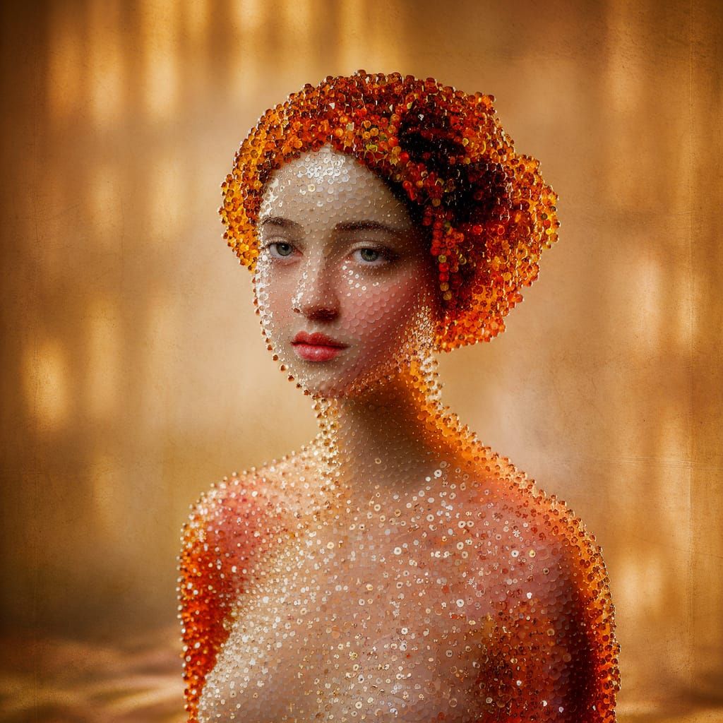 Beautiful Beaded Woman Portrait in Pre-Raphaelite Style