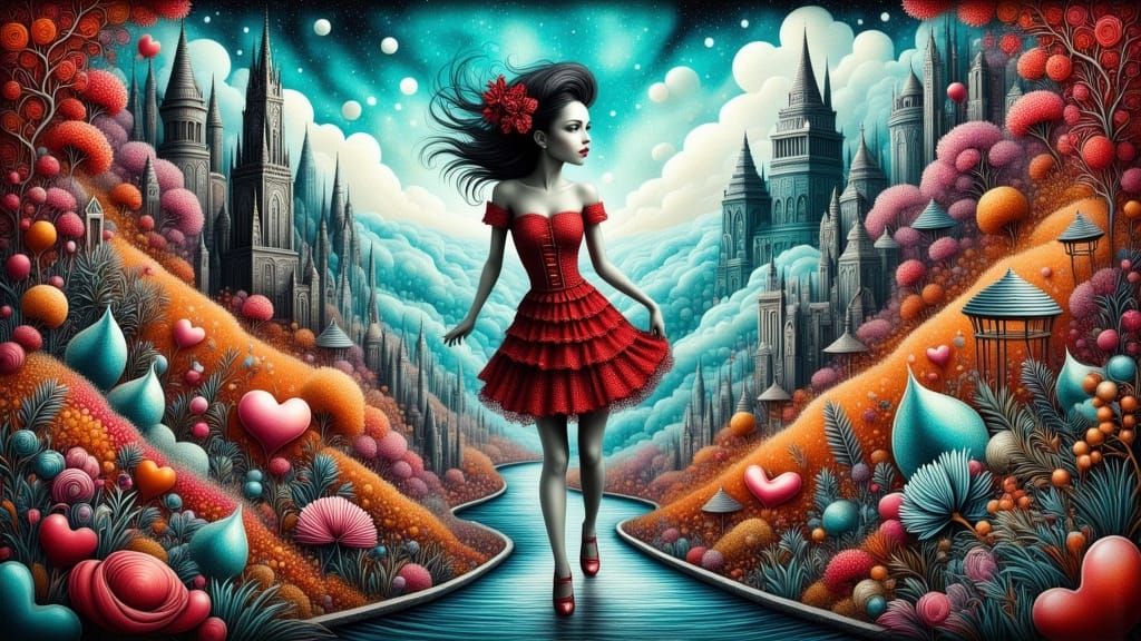 Surreal 3D Artwork: Woman in Red Dress in Otherworldly Garde...