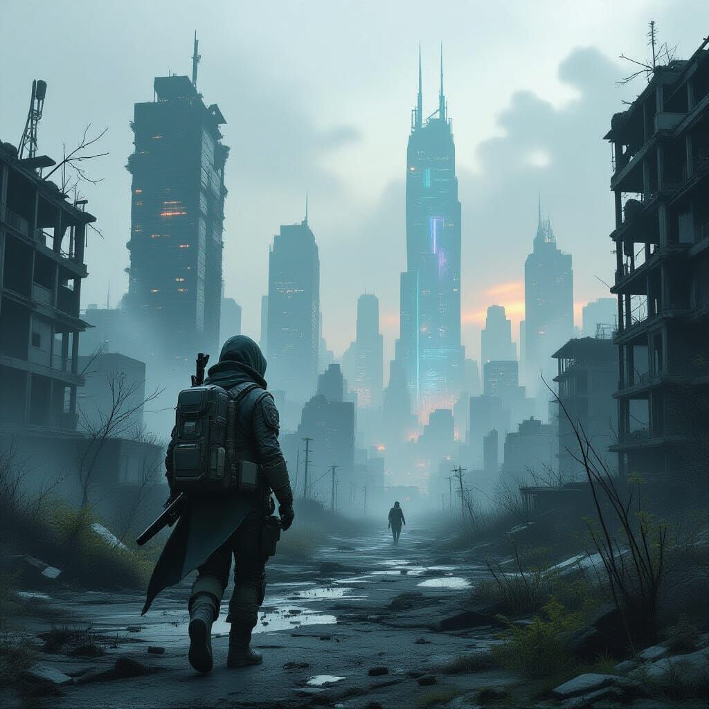 Post-Apocalyptic Survivor in Overgrown Cityscape