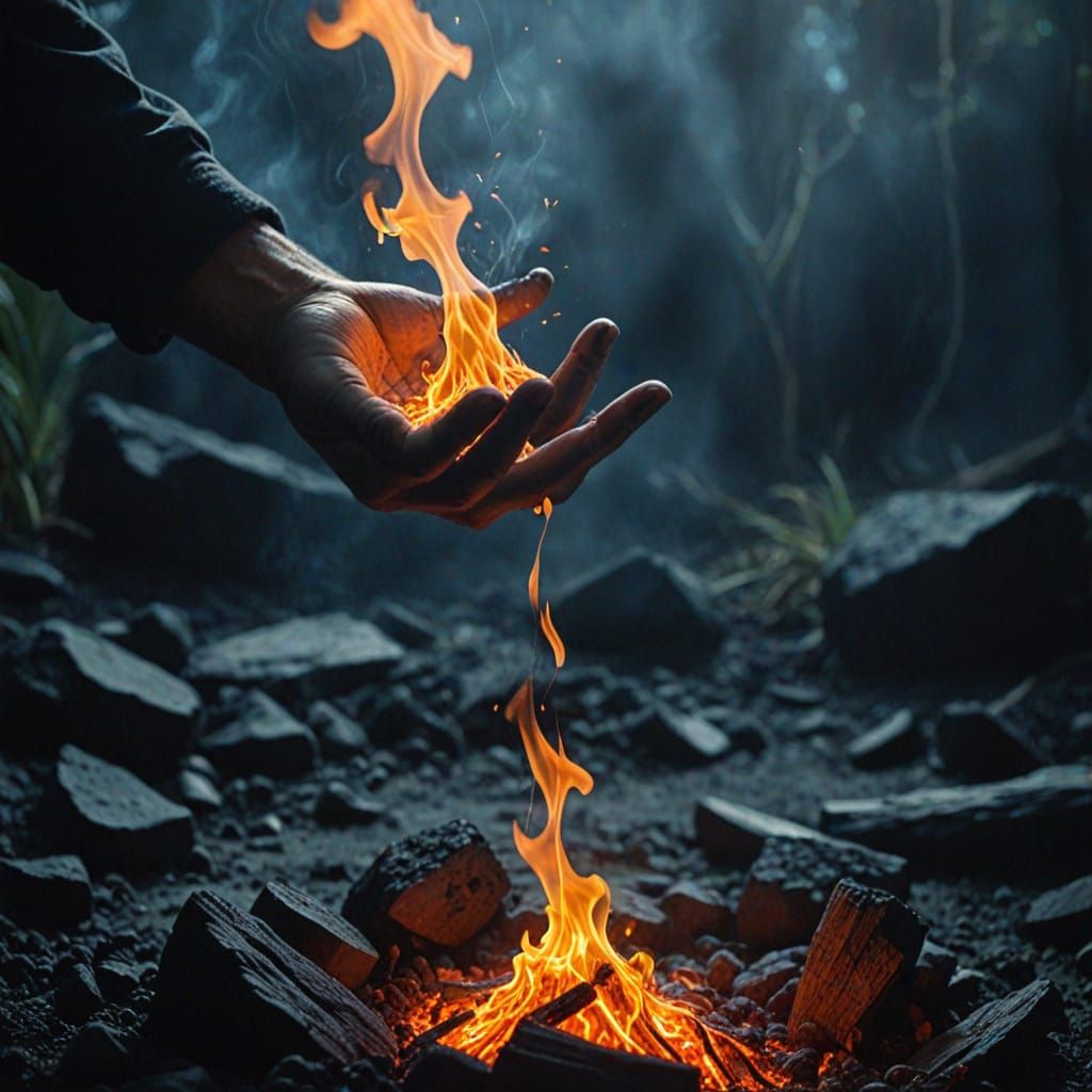 Magical Coal Hand Rises from Embers in a Tropical Island Oas...