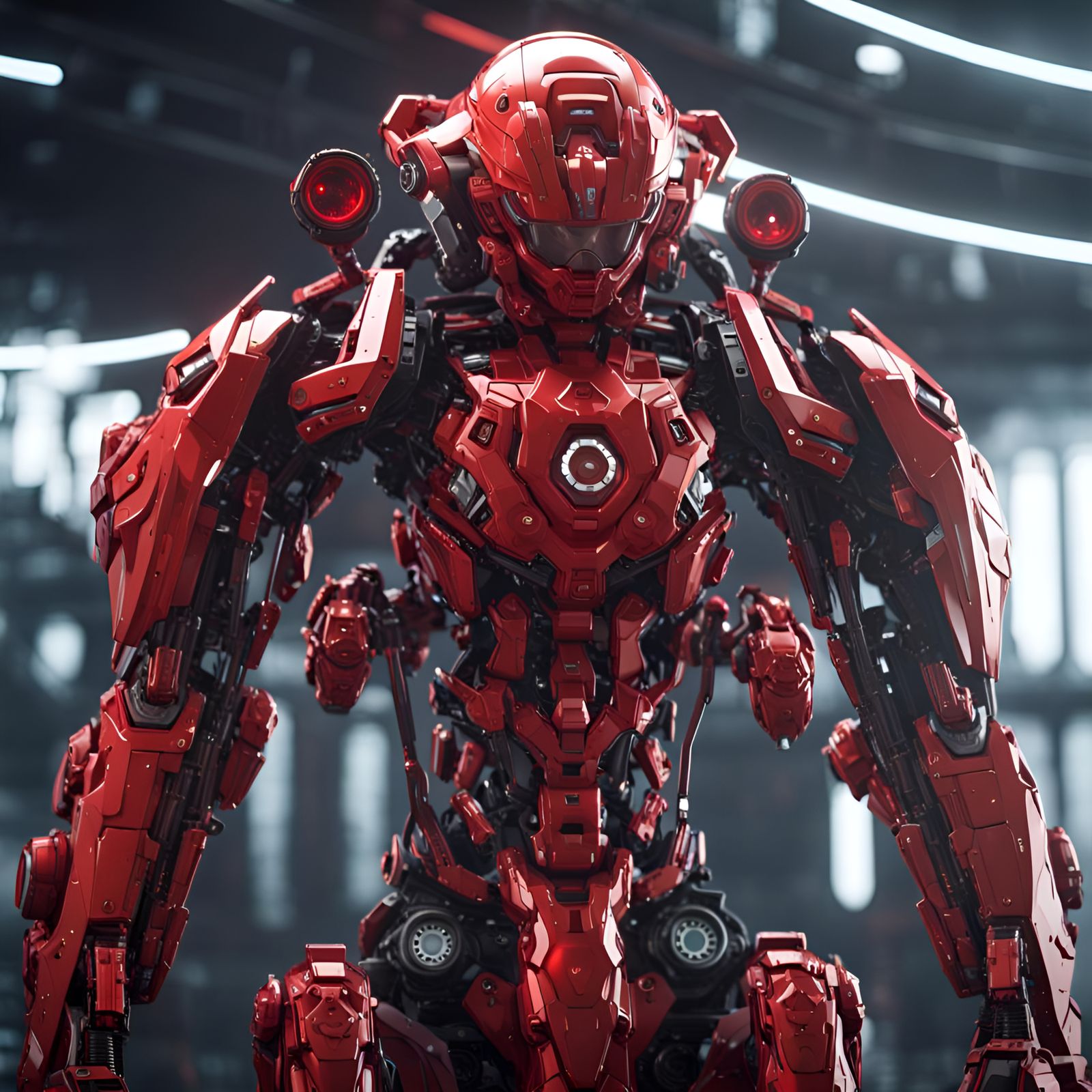 Futuristic Red Exosuit in Polished Metal