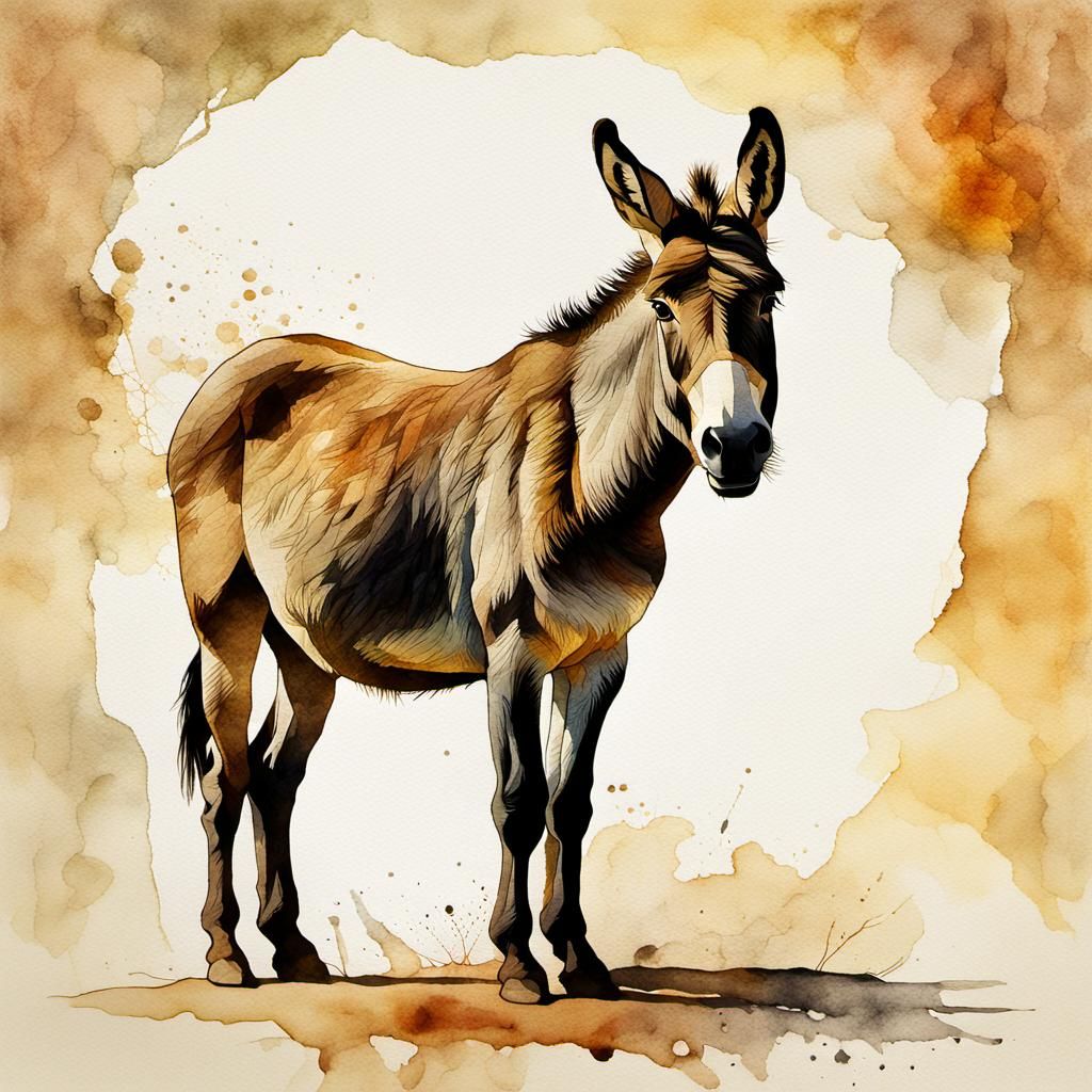 Watercolor Donkey Portrait in Golden Light