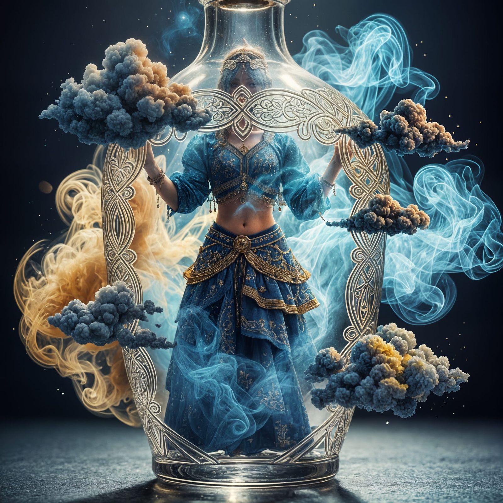 Ornate Glass Bottle With Blue Smoke Genie Inside