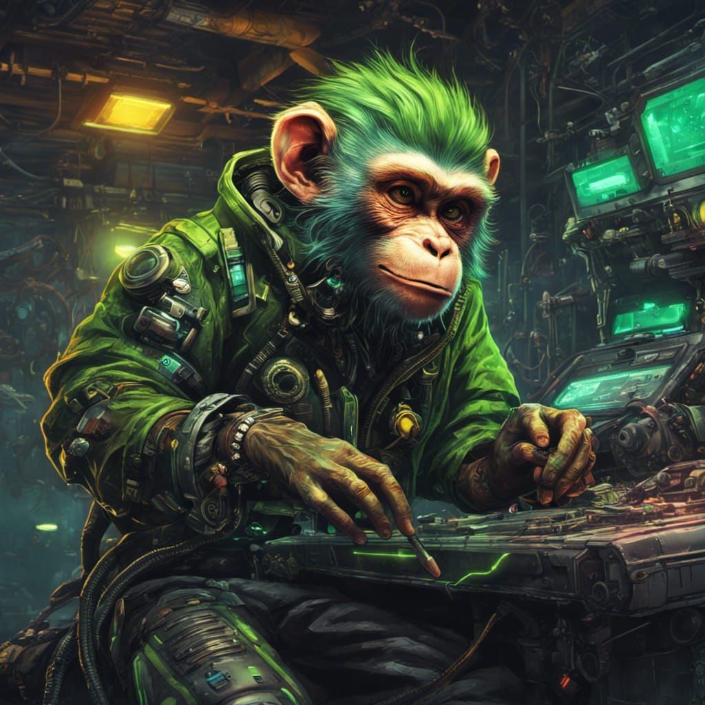 Cyberpunk Monkey Mechanic Repairs Spaceship
