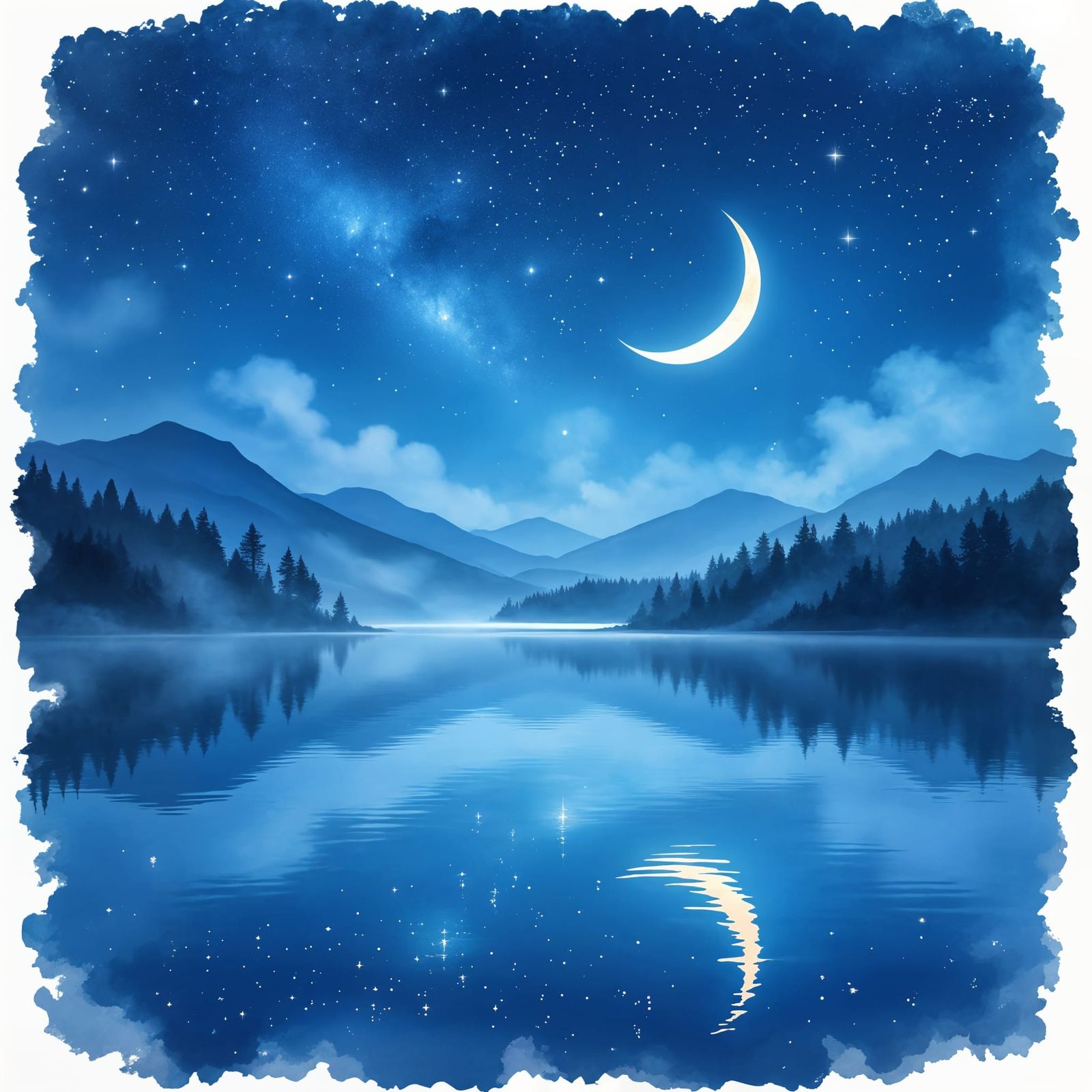 Starry Lake Reflection in Matte Painting Style