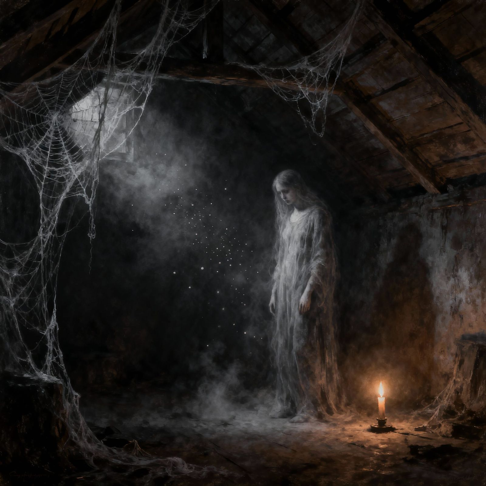 Ethereal Figure in Haunted Attic by Candlelight