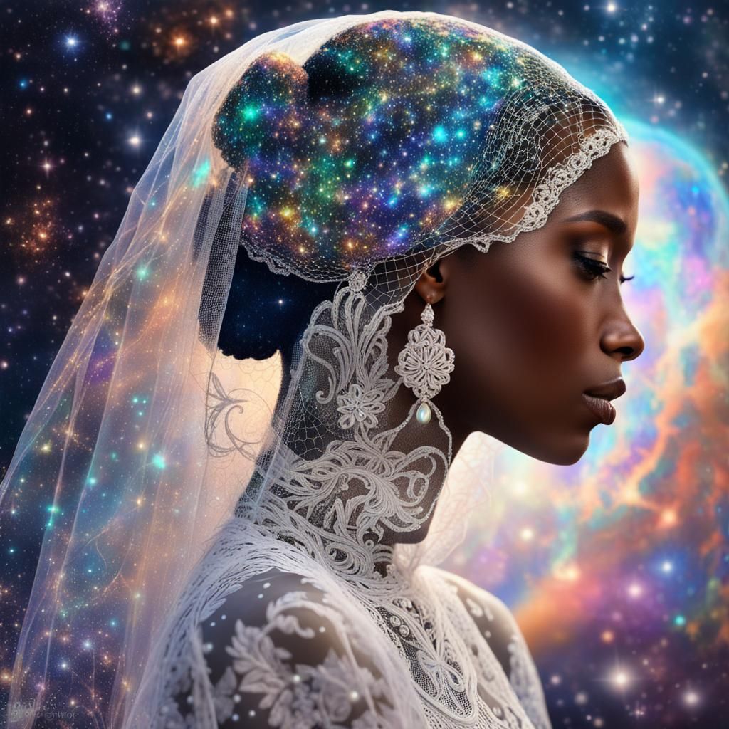 Black Model in Lace Wedding Gown: Astral Illustration