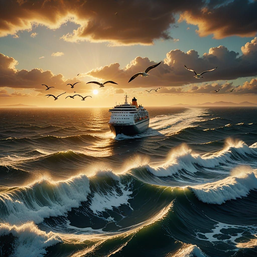 MV Rotterdam at Sea in Golden Hour Light