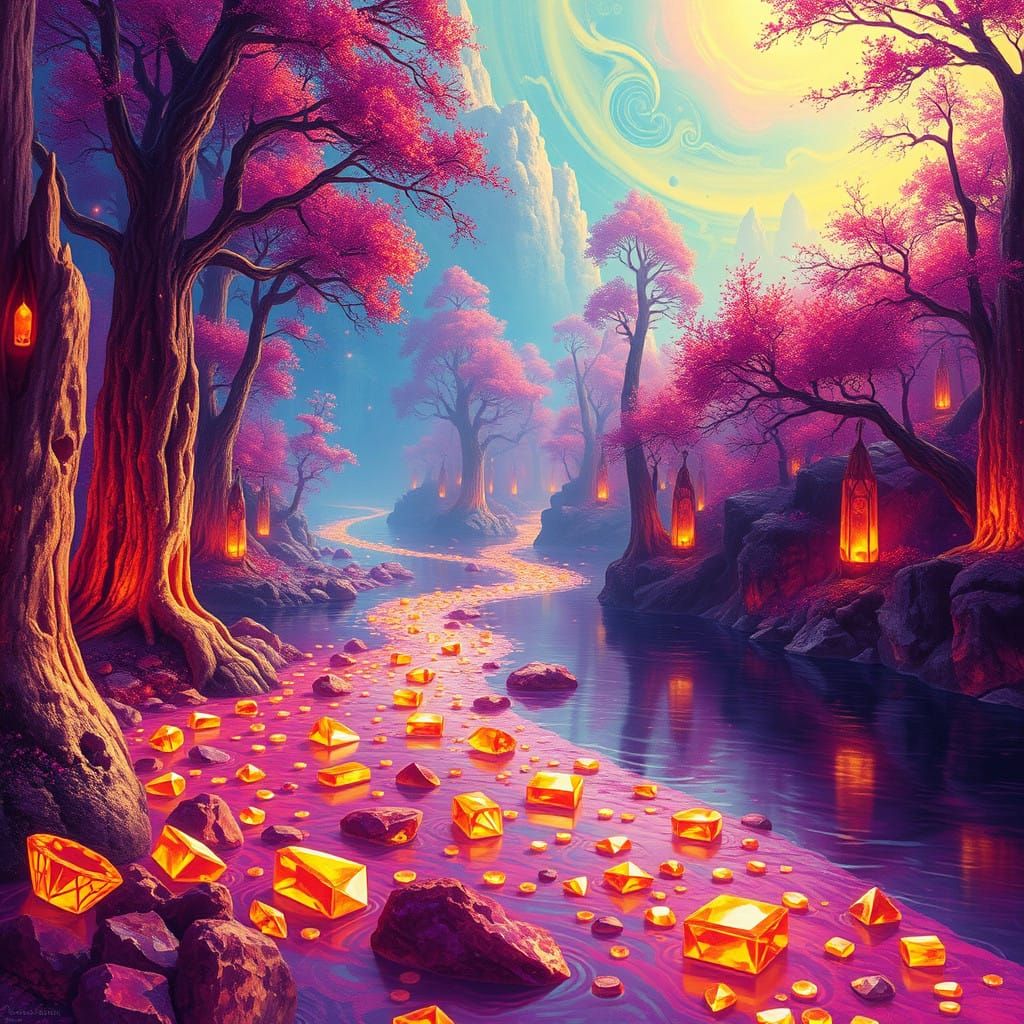 Ethereal River of Sapphires in a Surreal Forest