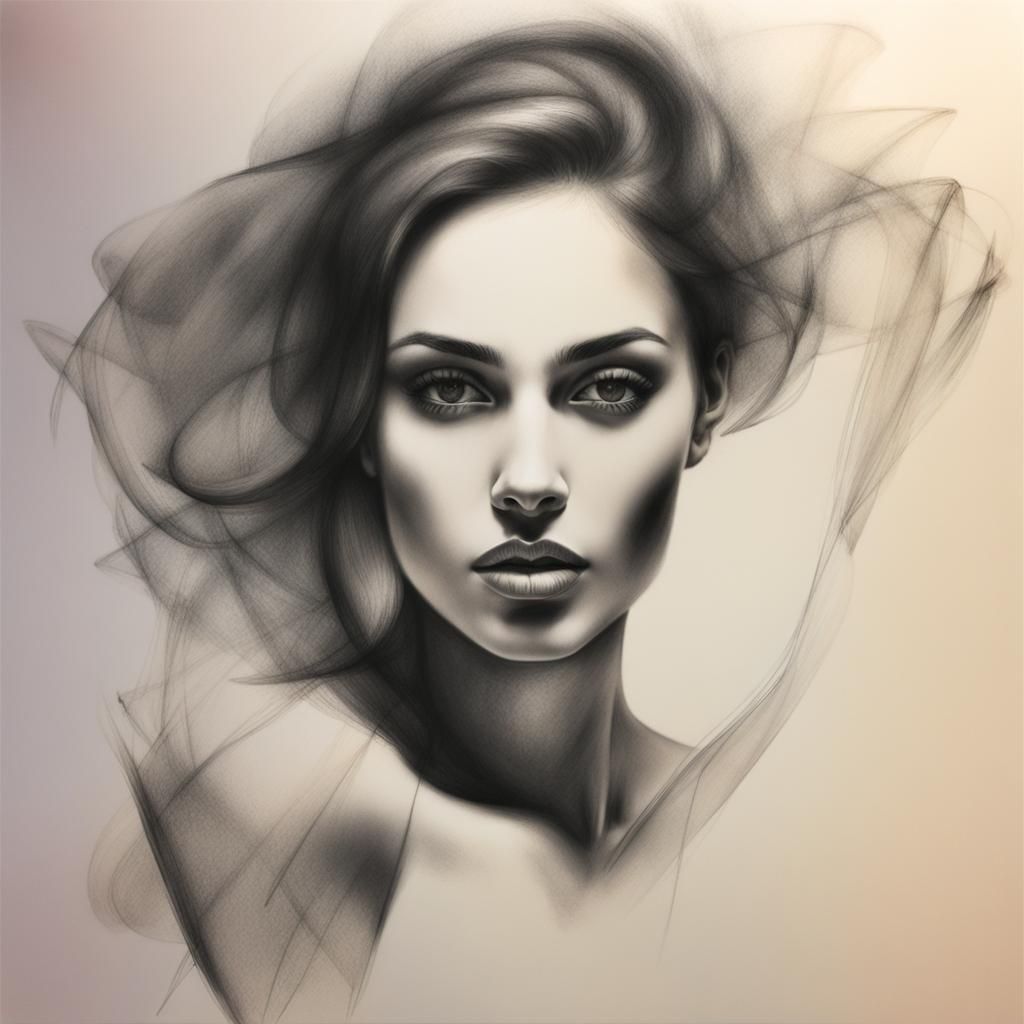 Elegant Woman in Double Exposure Charcoal Drawing