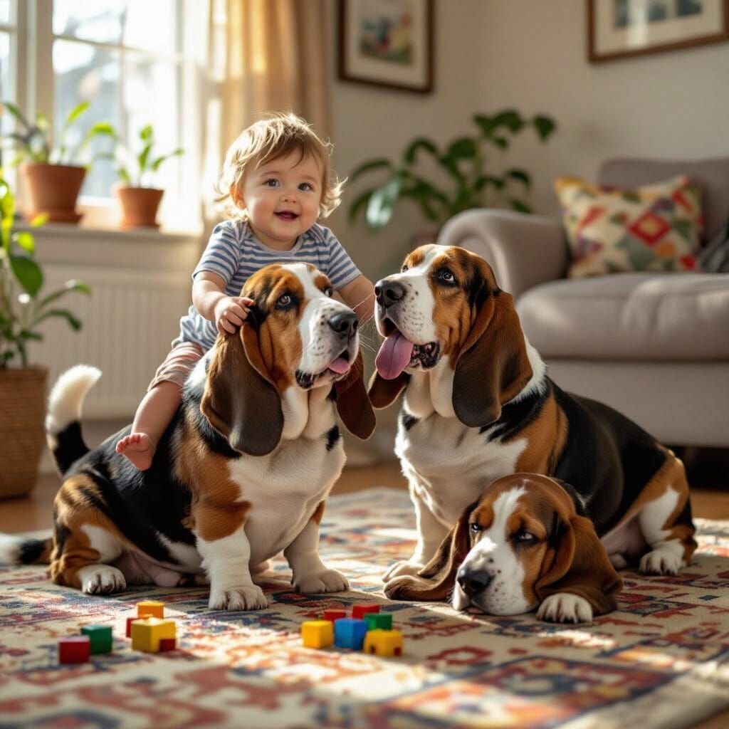 Toddler Rides Basset Hound Throne in Comic Living Room Scene
