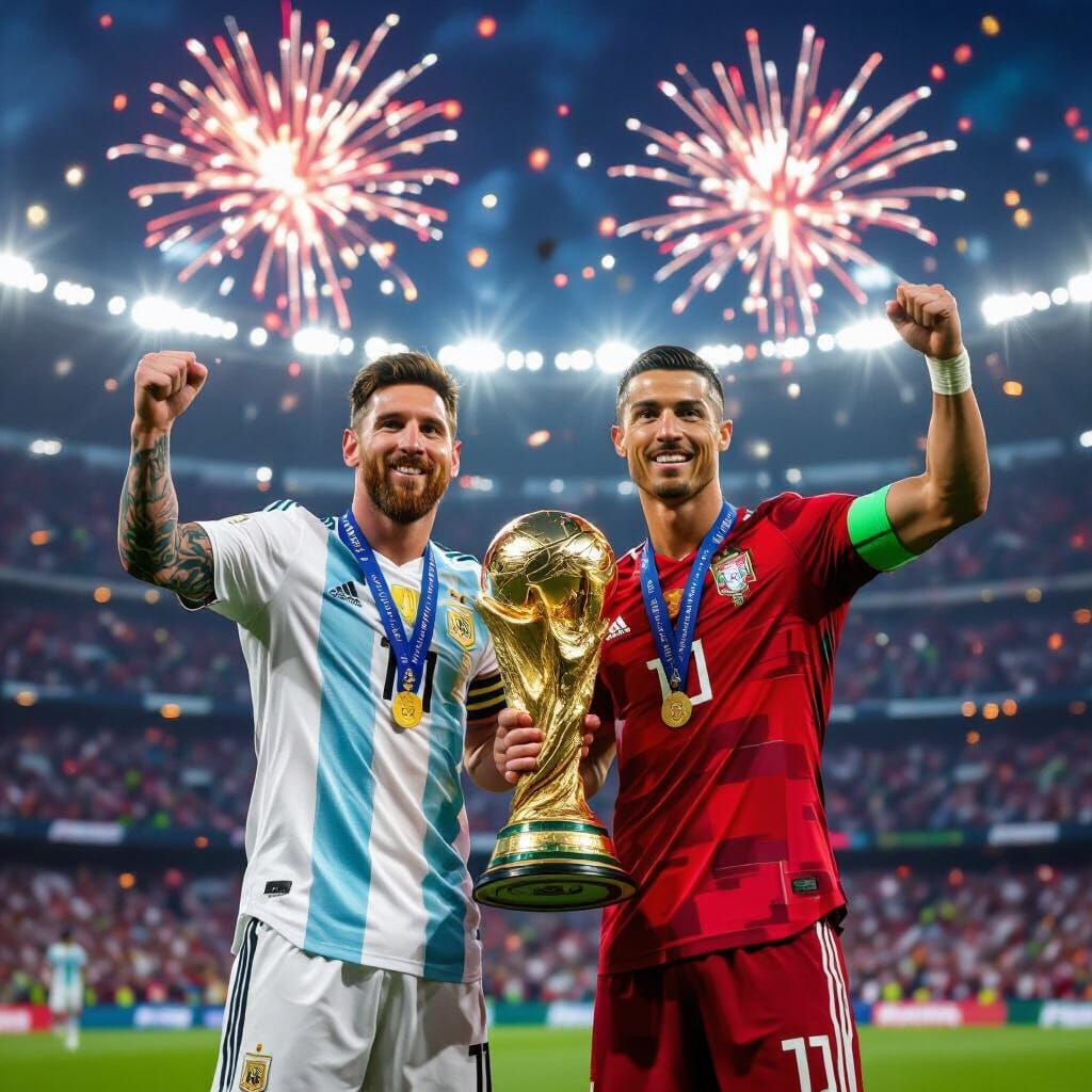 Messi and Ronaldo Lift World Cup Trophy in Digital Art