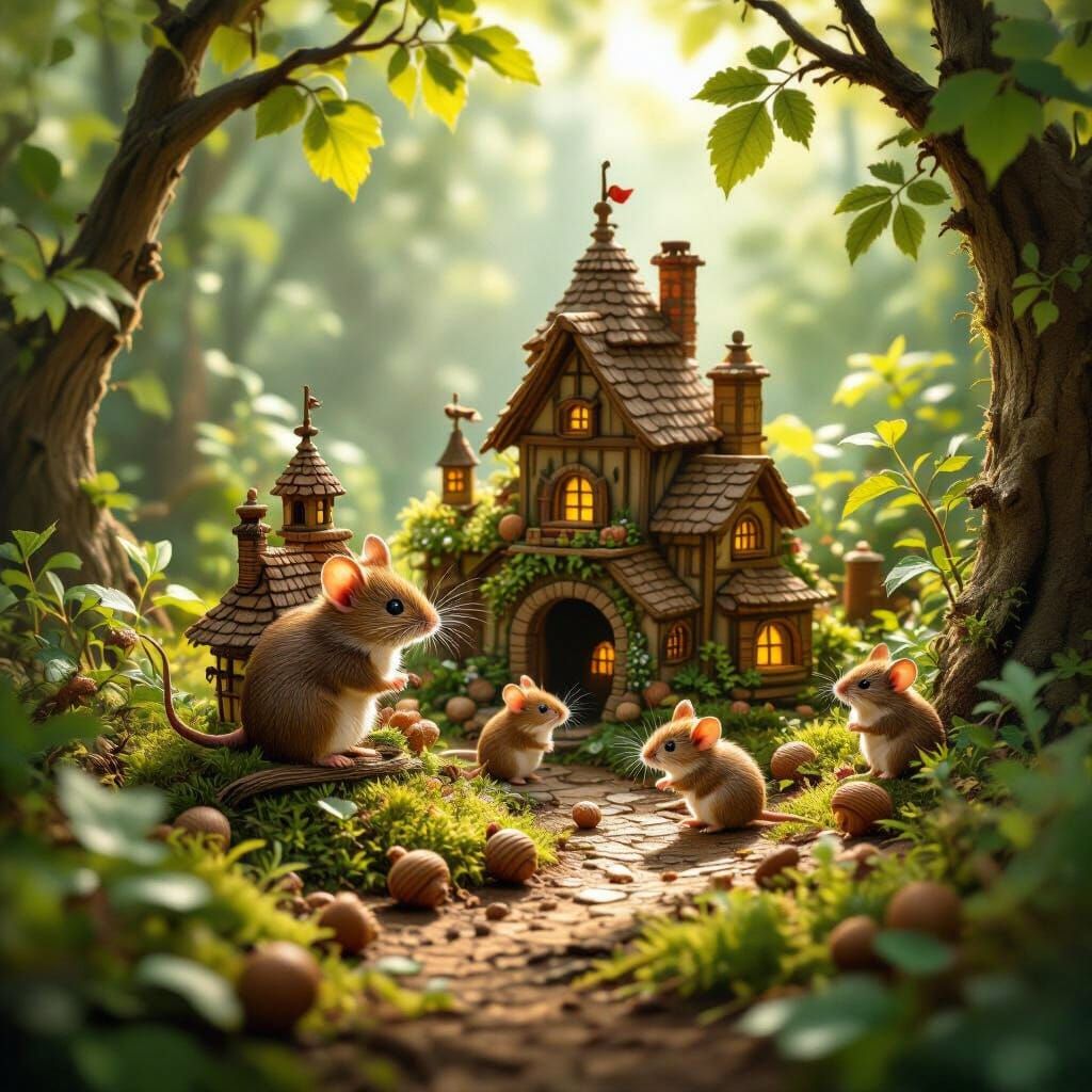 Whimsical Mouse Empire Diorama in Forest Setting