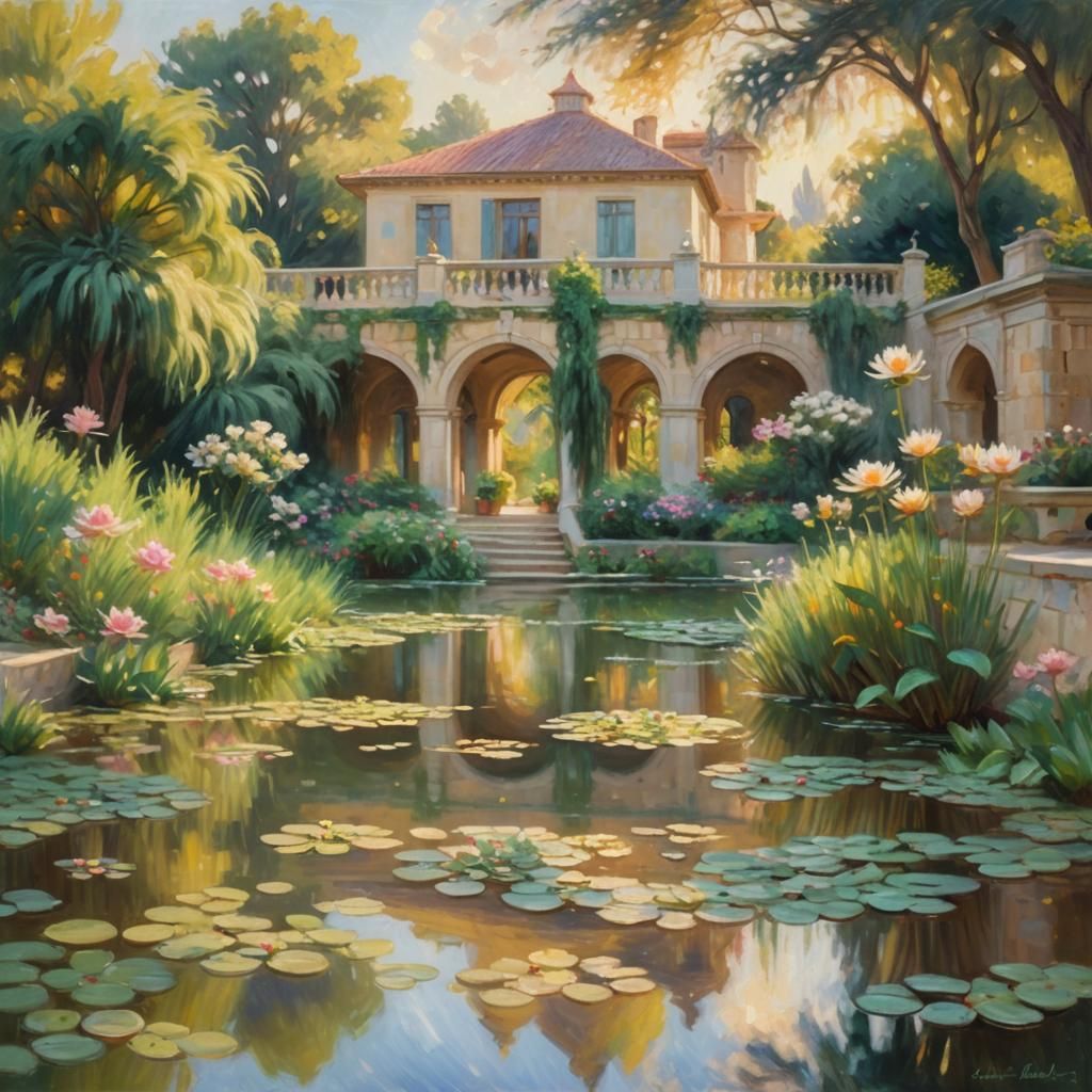 Serene Palace Garden in Impressionistic Style