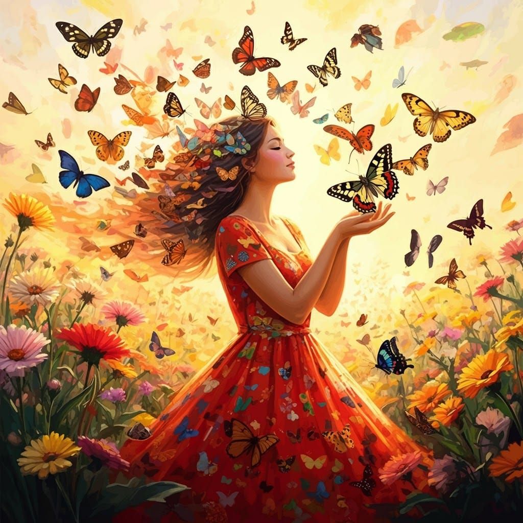 Woman Surrounded by Butterflies in Flower Field