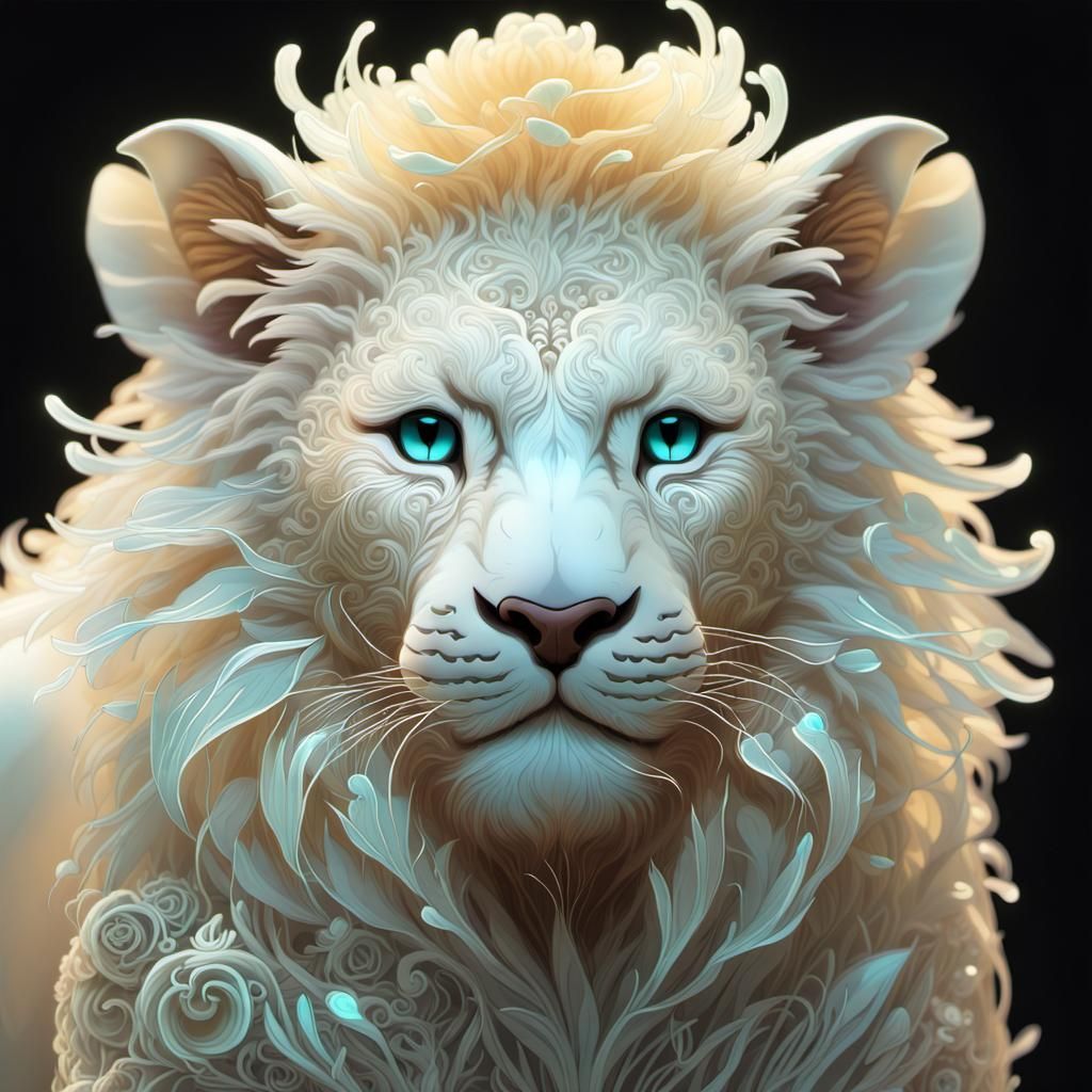 Luminous White Lion Cub with Bioluminescent Flowers