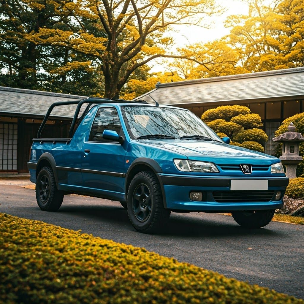 Epic 35mm Film Still of Blue Off-Road Pickup in Japanese Gar...