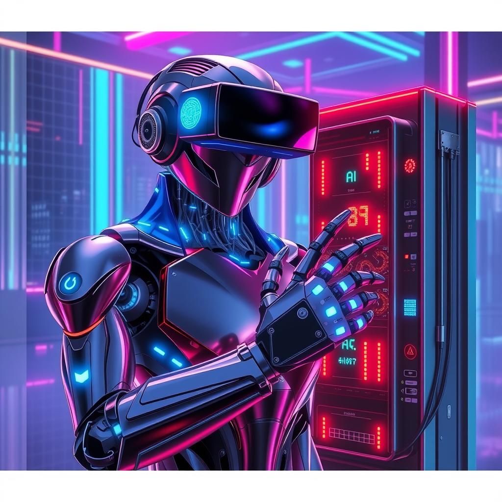 Robot, Human, and AI Harmony in Synthwave Style