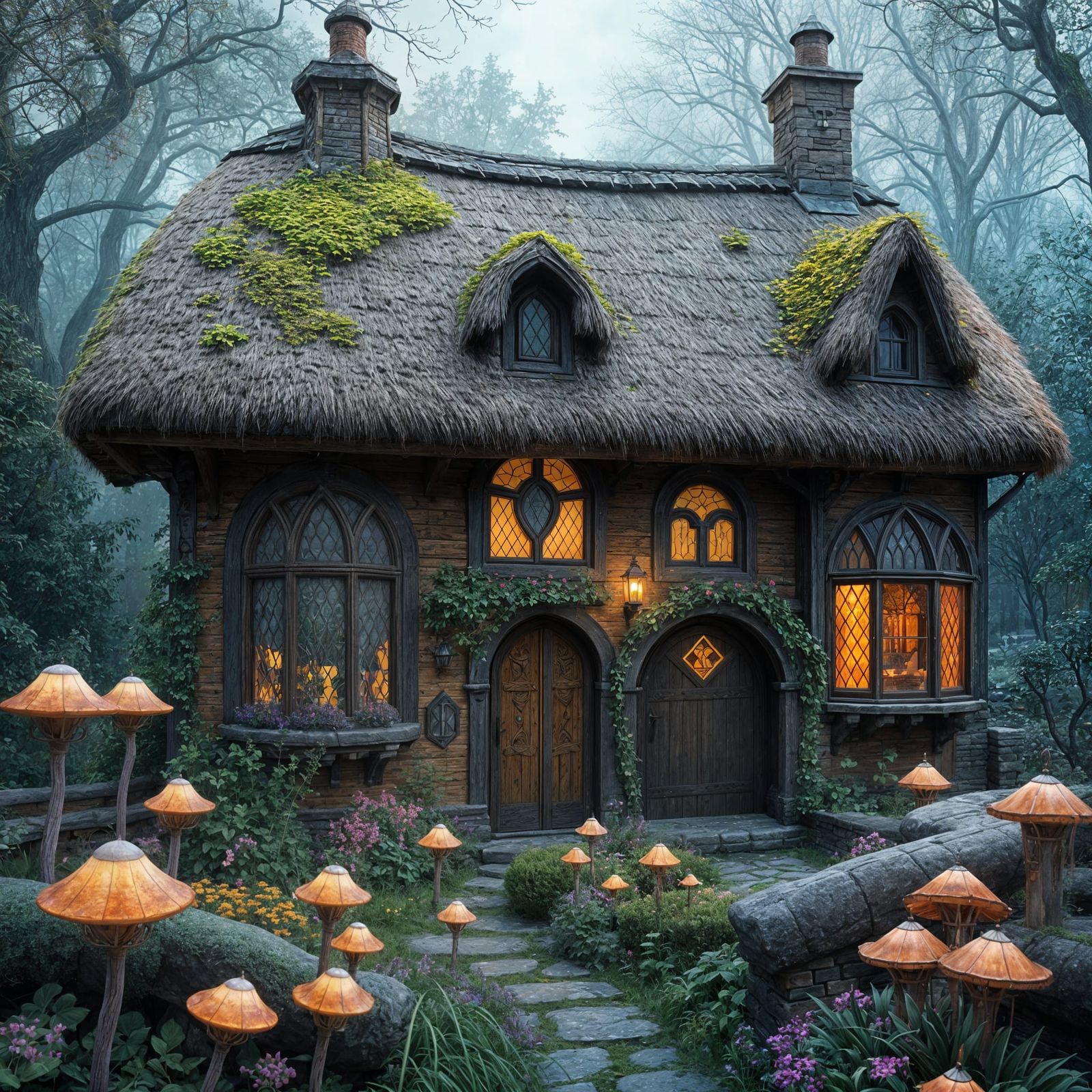 Ethereal Tudor Witch's Cottage Amidst Vibrant Gardens