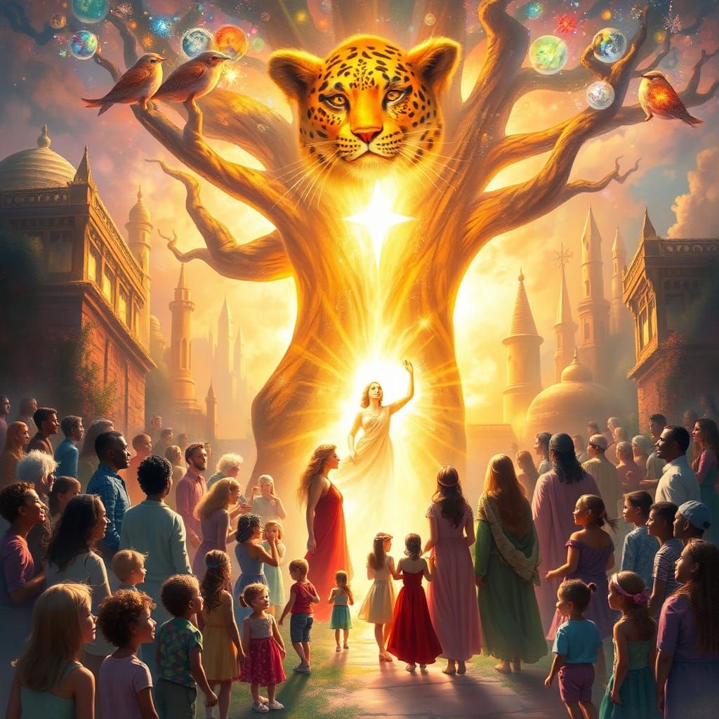 Divine Family Surrounded by Joyous People in Ethereal Light