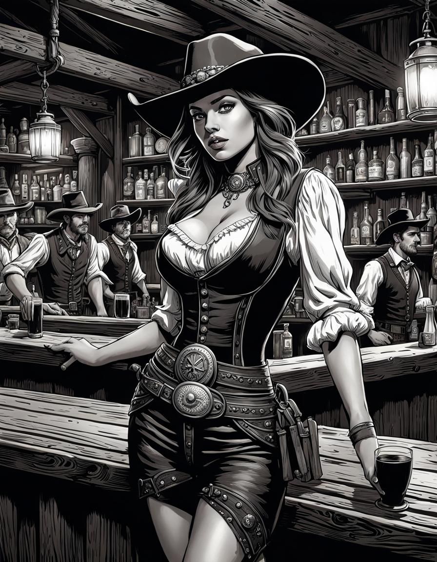 Barmaid in Old West Tavern: Ink Drawing