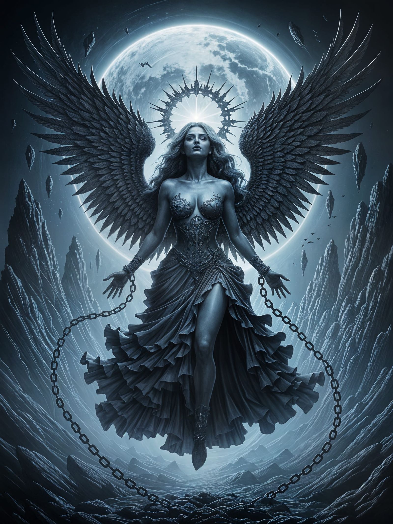 Dark Angel Ascending in Divine Light as Impasto Painting