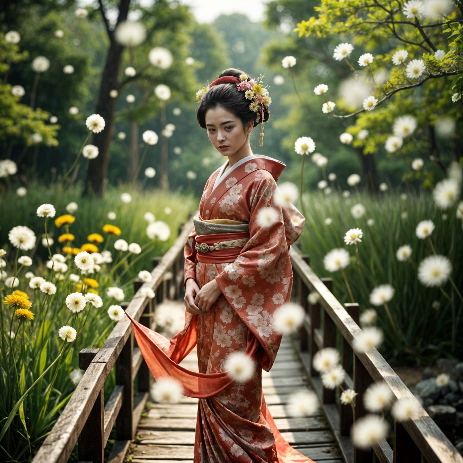 Ethereal Geisha on a Japanese Footbridge