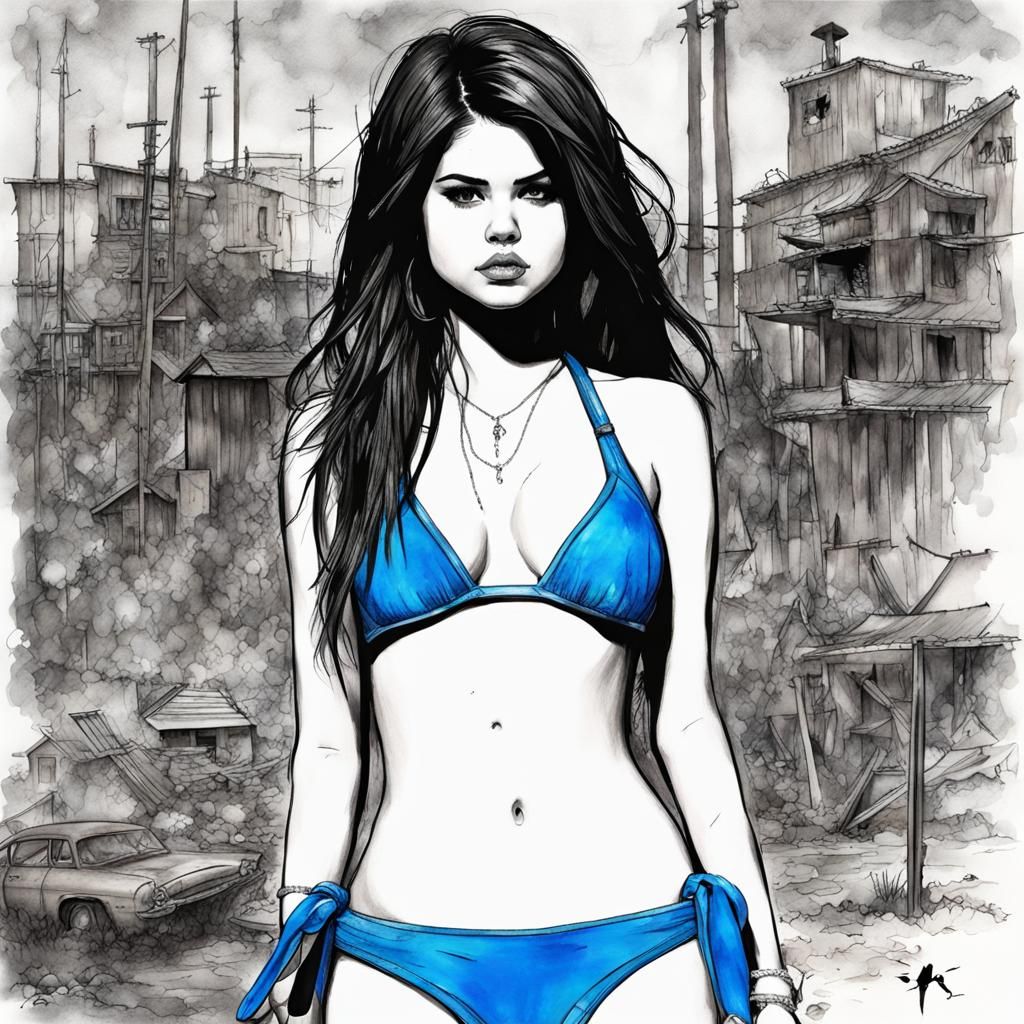 Selena Gomez in Blue Bikini: Post-Apocalyptic Ink Art