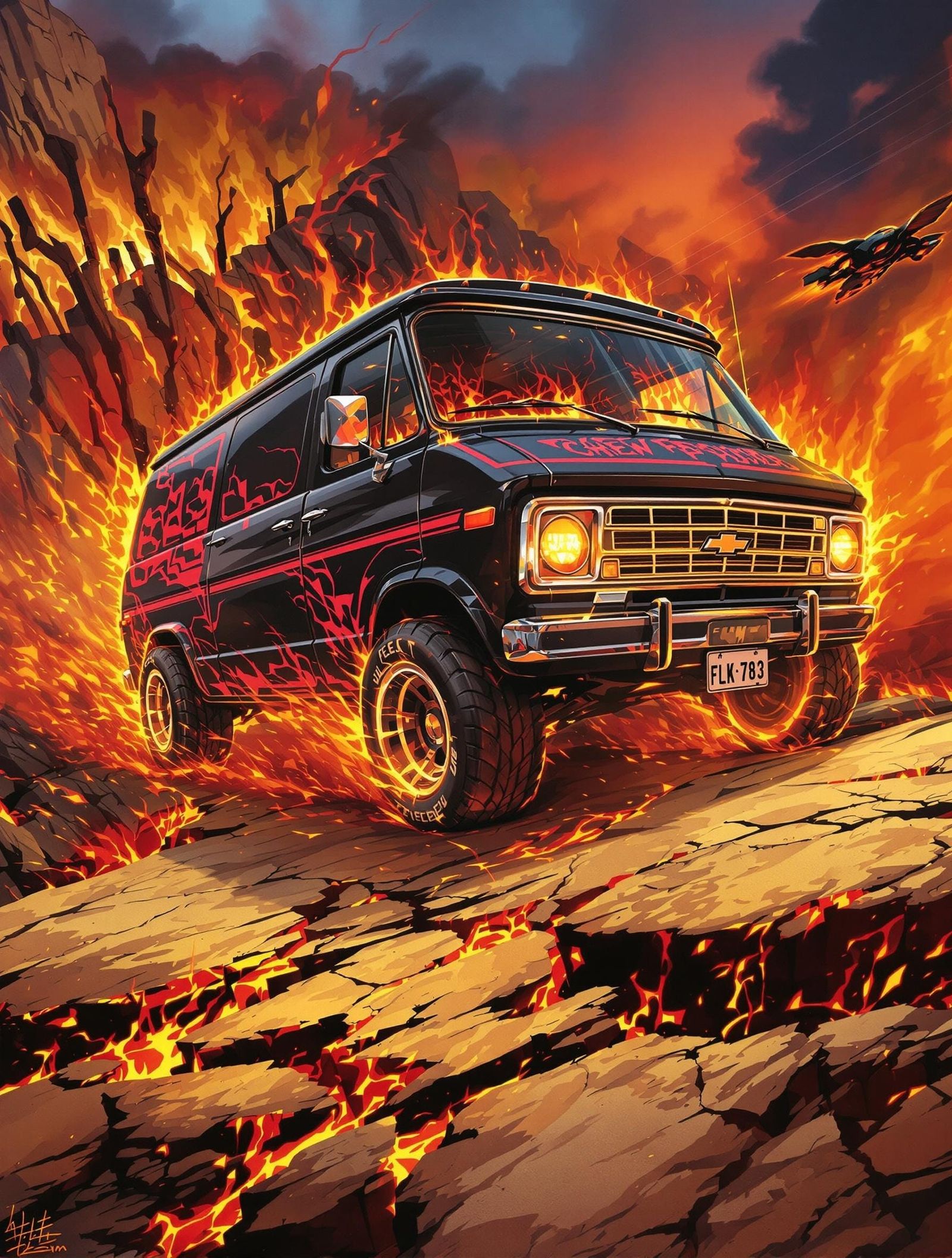 Speeding Lava-Painted Chevy Bedford Van on Cliff Edge