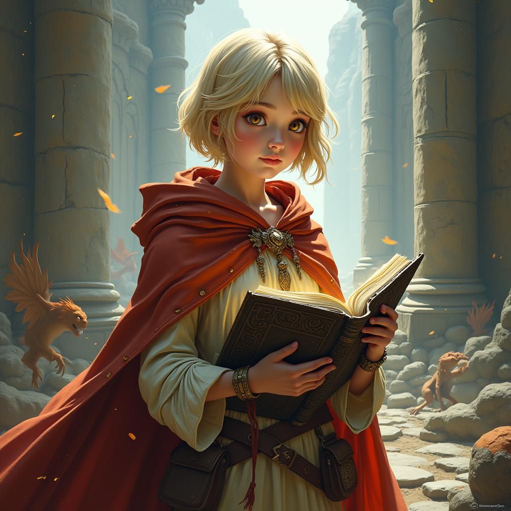 Blonde Girl with Spellbook in Fantasy Ruins