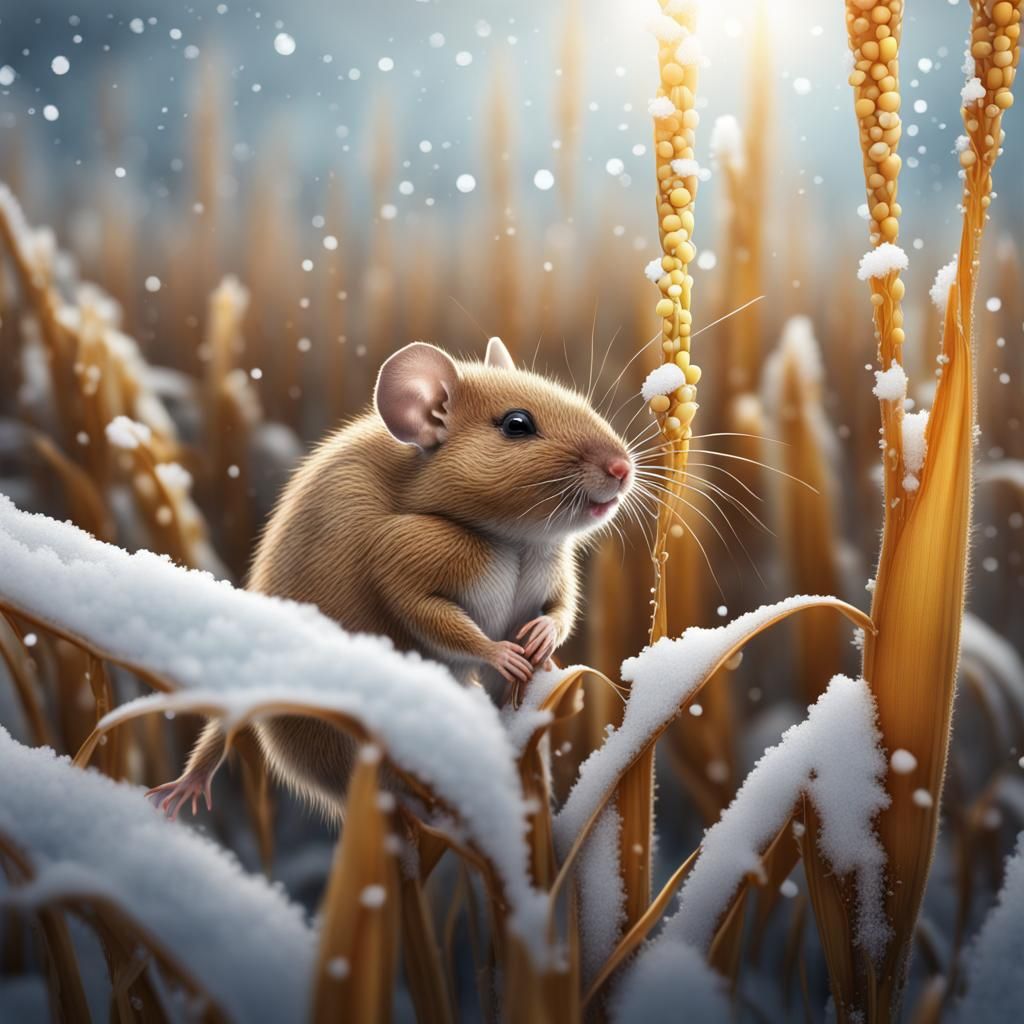 Winter Harvest Mouse in Cornfield: Detailed Matte Painting