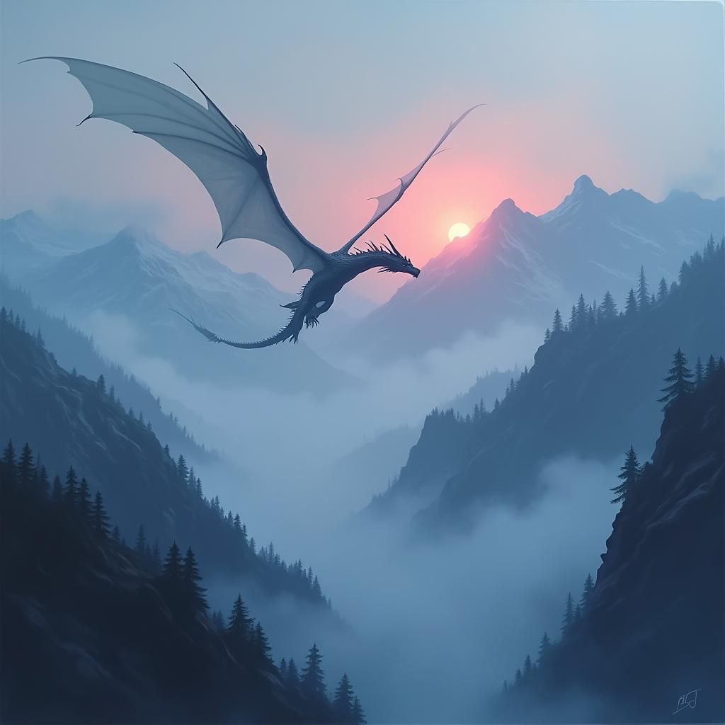 Dragon Flight Over Misty Mountains at Dawn