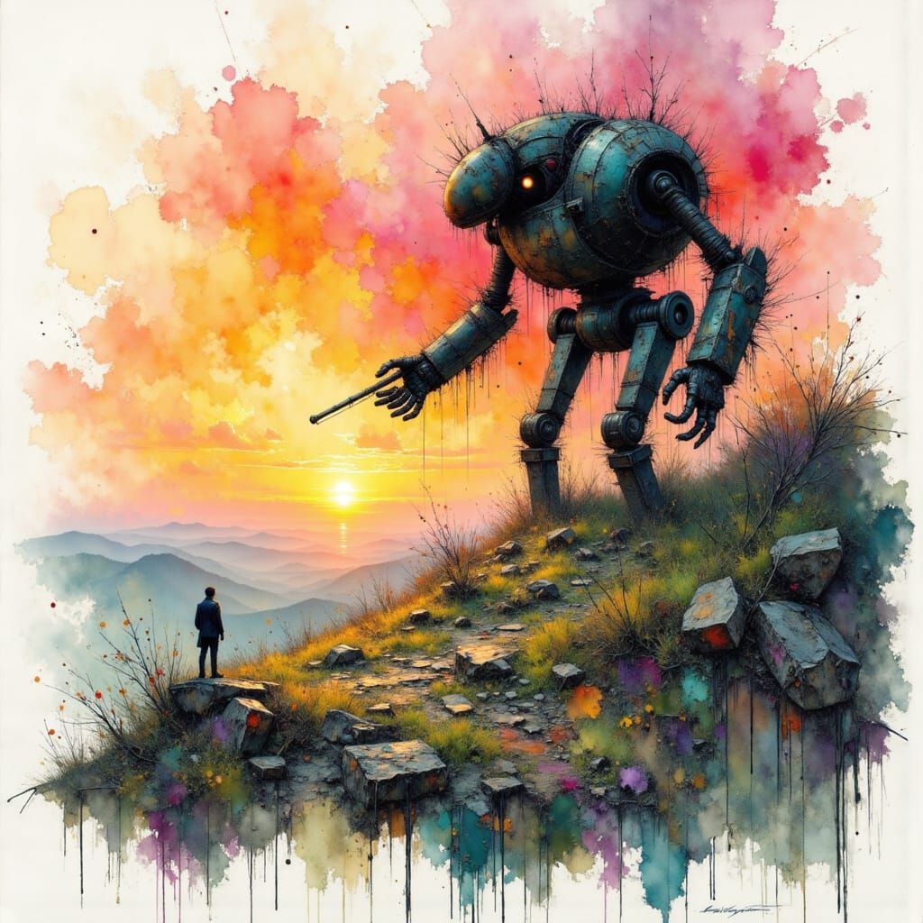 Giant Robot Sunrise: Charcoal and Watercolor Fusion