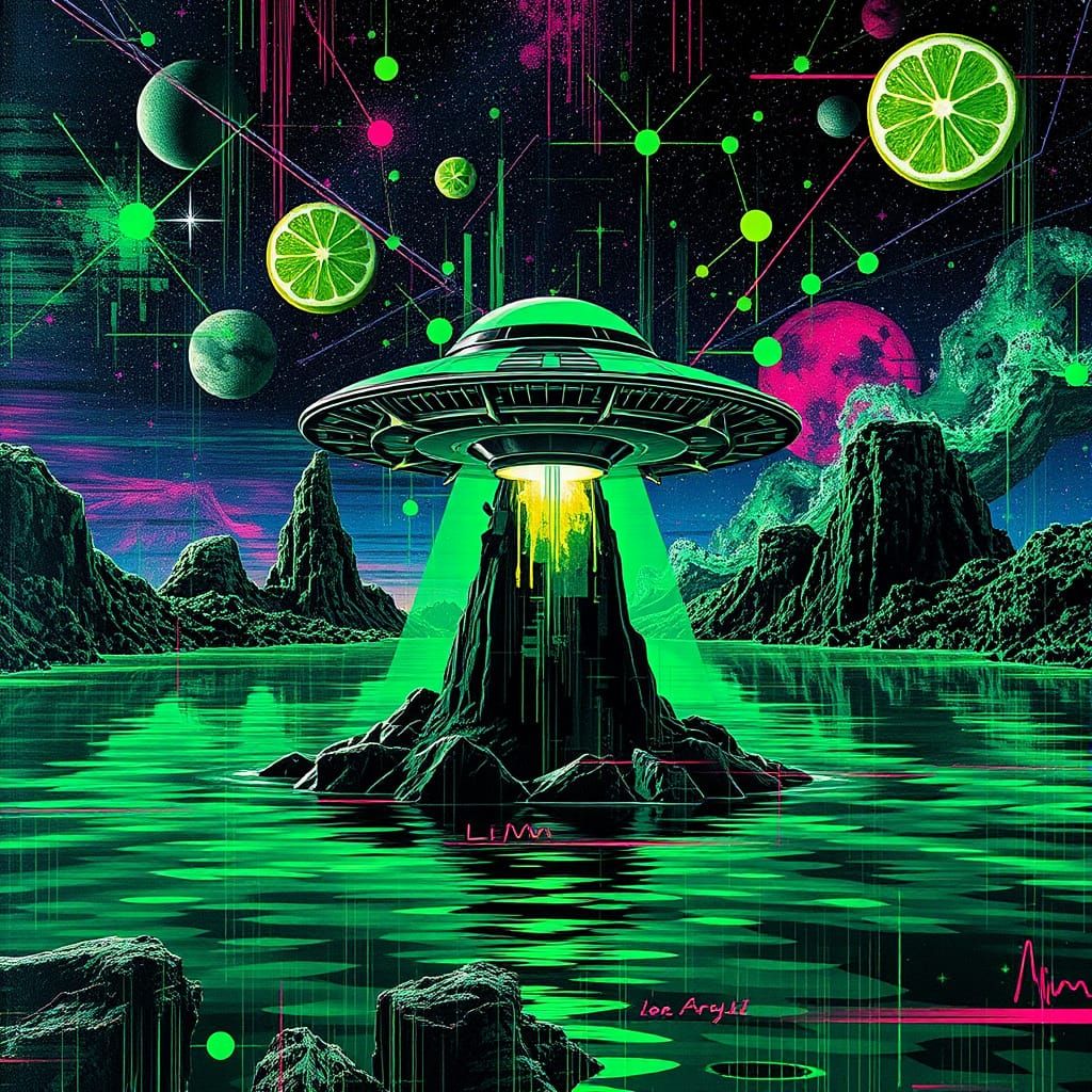 UFO Over Green Waters in Synthwave Glitch Art Style