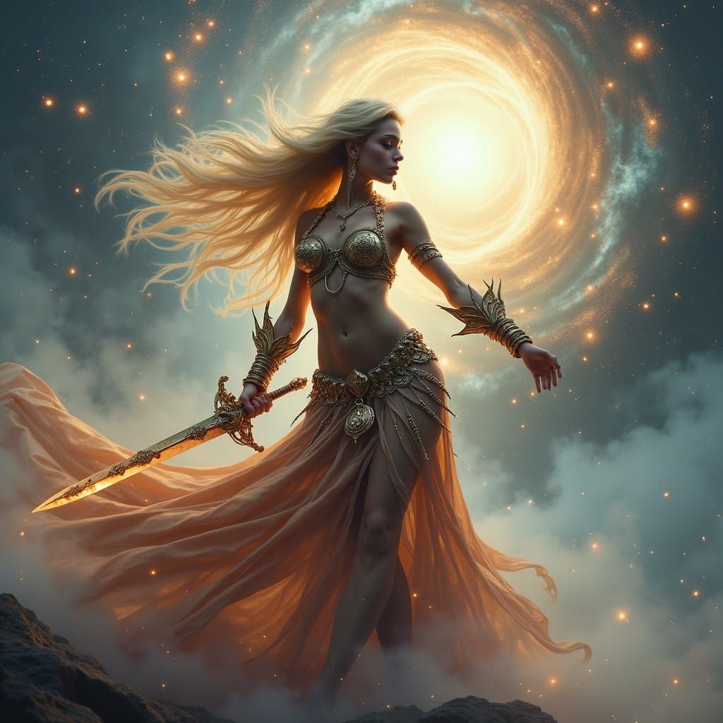 Ethereal Warrior in Cosmic Vortex: Dark Fantasy Meets Scienc...