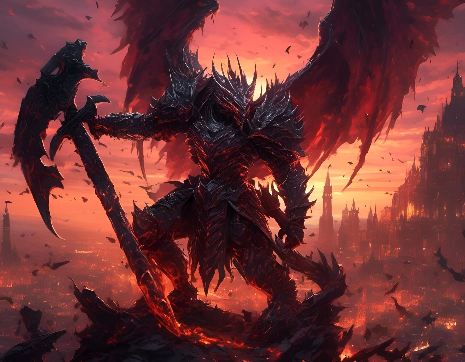 Dragon Armor Knight with Axe on Battlefield at Sunset