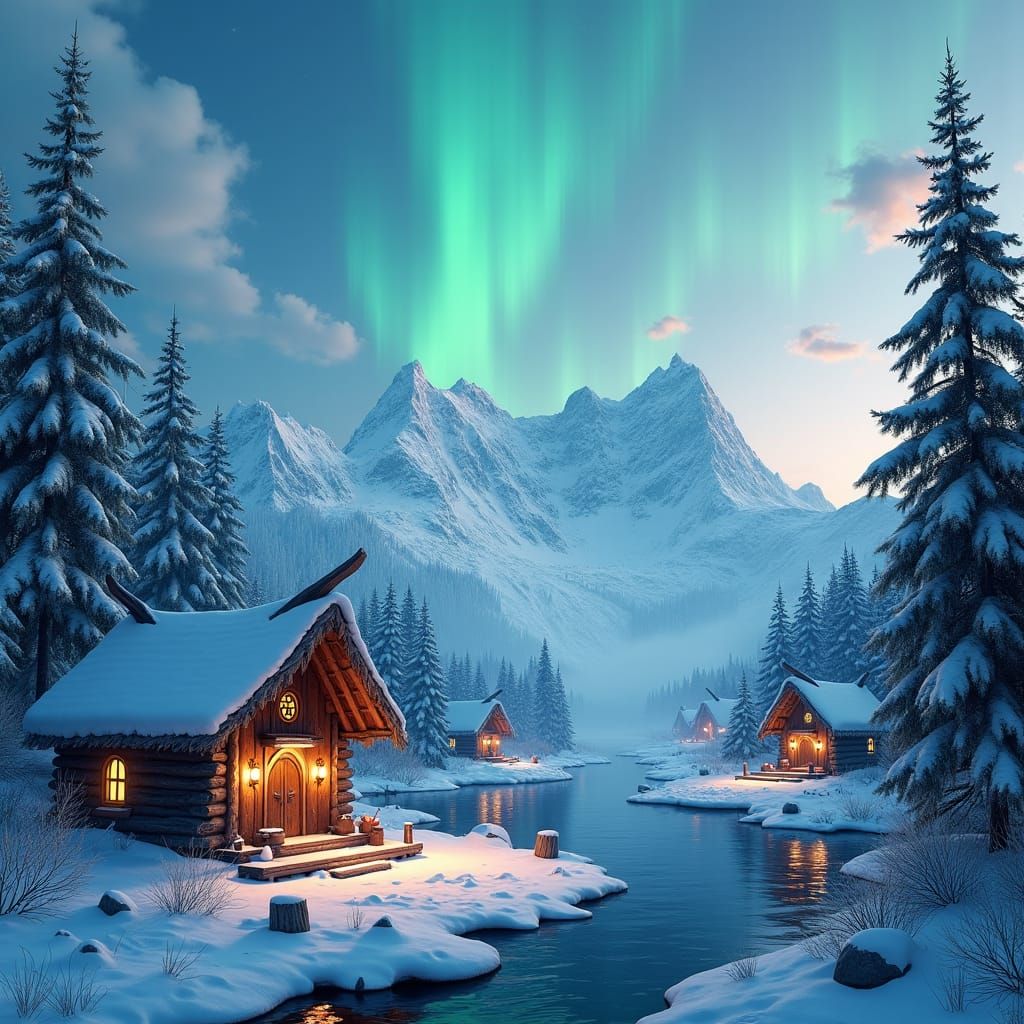 Snowy Viking Village with Aurora Borealis
