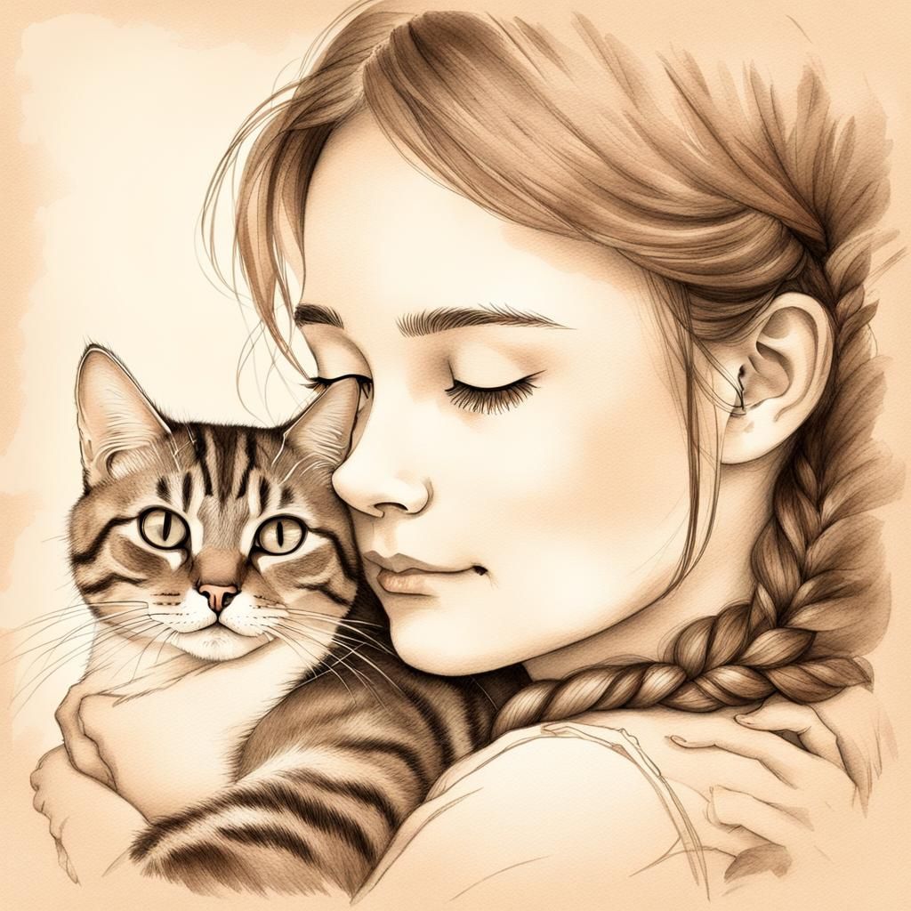 Girl Nuzzling Cat: Watercolour Pencil Portrait