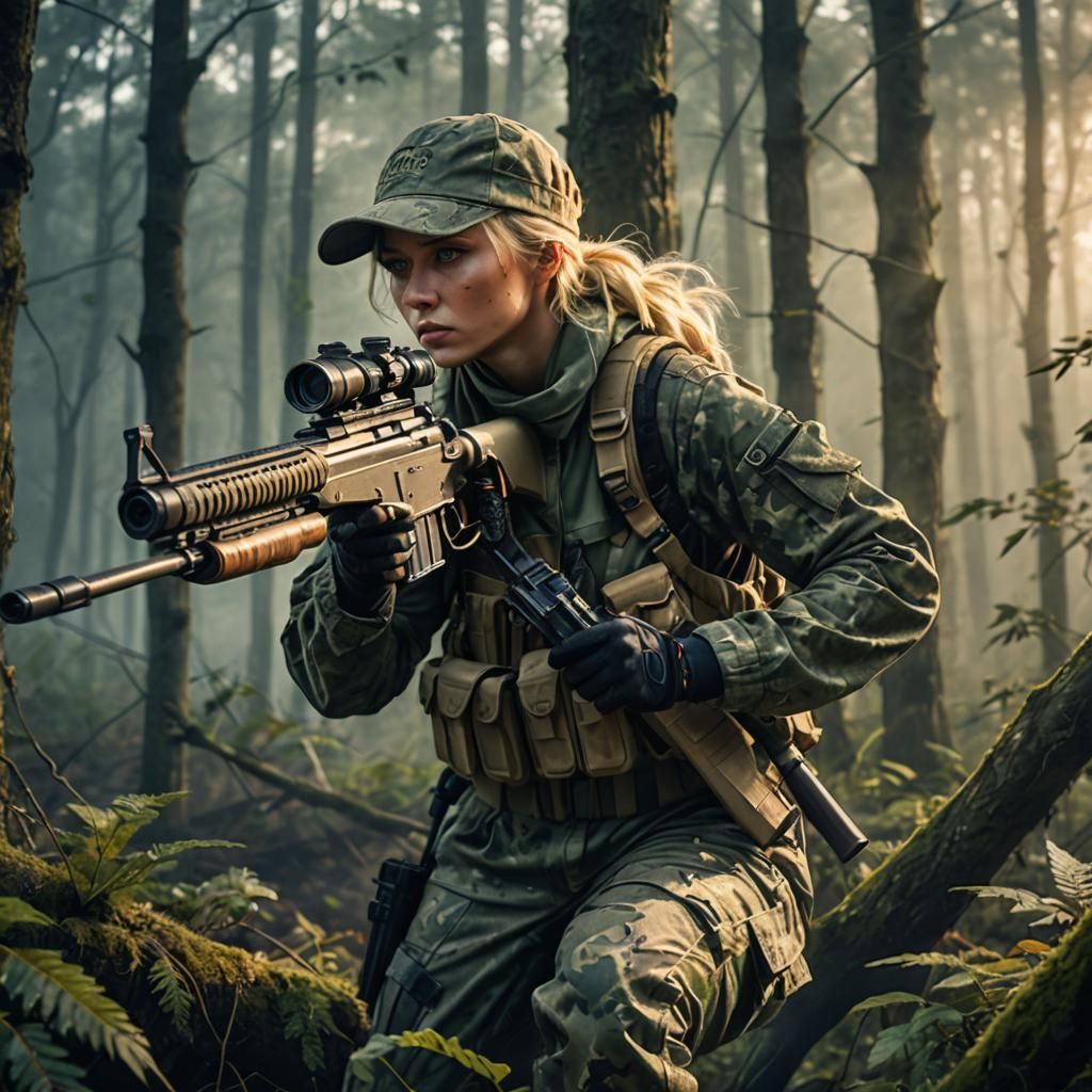 Female Sniper in Misty Forest: Hyper-Realistic Digital Art
