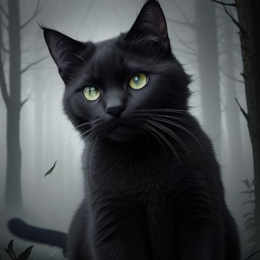 Black Cat with Gray Eyes in Mystical Forest